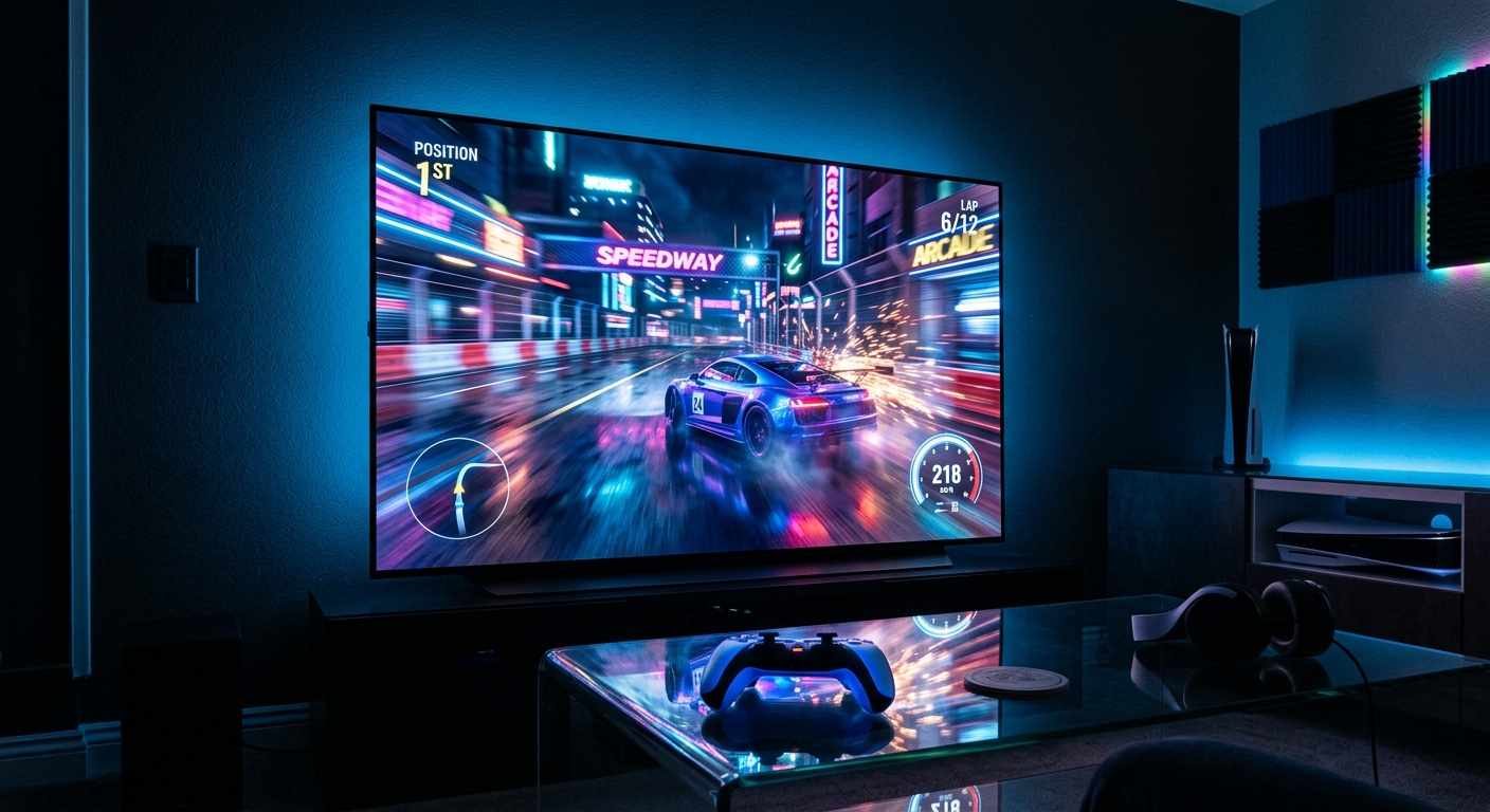 Gaming TV with fast-paced racing game and blue ambient lighting